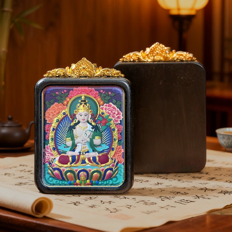 Hand-Painted Wooden Tsatsa Thangka Pendant – Tibetan Ethnic Buddhist Amulet, Yellow Jambhala & Green Tara