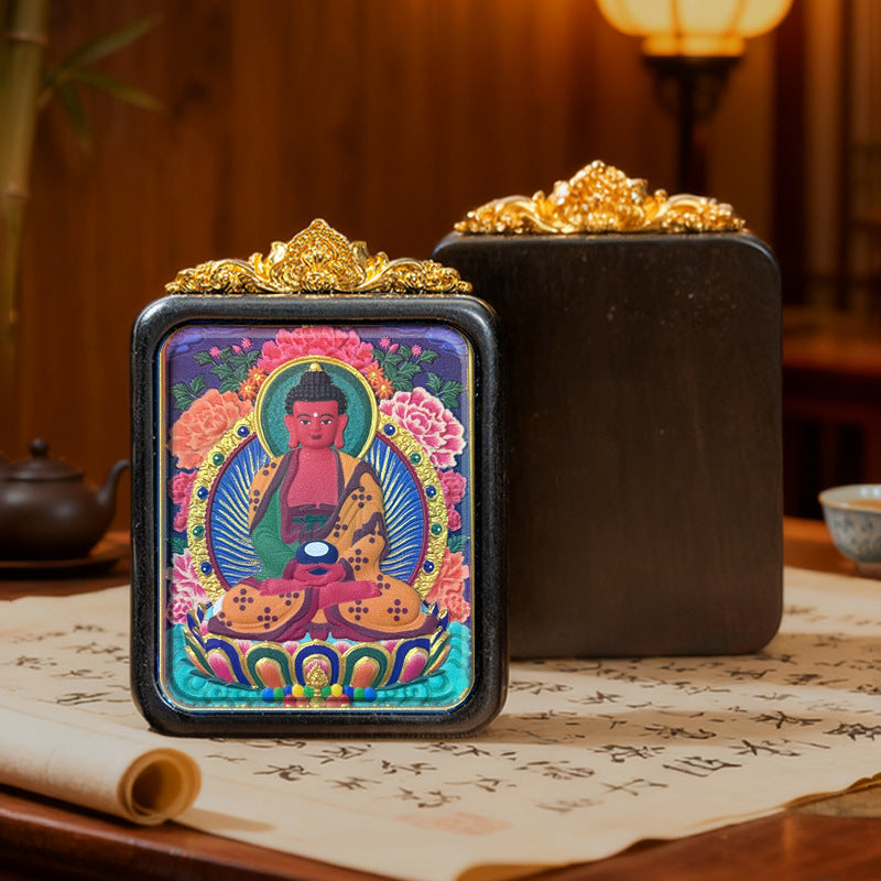 Hand-Painted Wooden Tsatsa Thangka Pendant – Tibetan Ethnic Buddhist Amulet, Yellow Jambhala & Green Tara