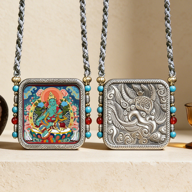 White Copper Garuda Square Hand-Painted Tsatsa Thangka Box