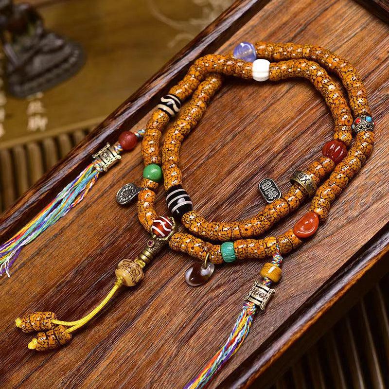 Aged Star & Moon Bodhi Seed 108-Bead Mala – Natural Cracked Jade-Like Beads with Agate Dzi Accents