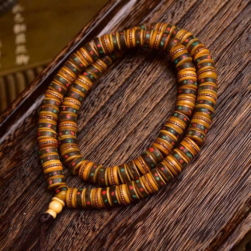 Tibetan Yak Bone 108 Bead Mala Components – Vintage Aged Beads, Inlay Accent DIY Jewelry Supplies