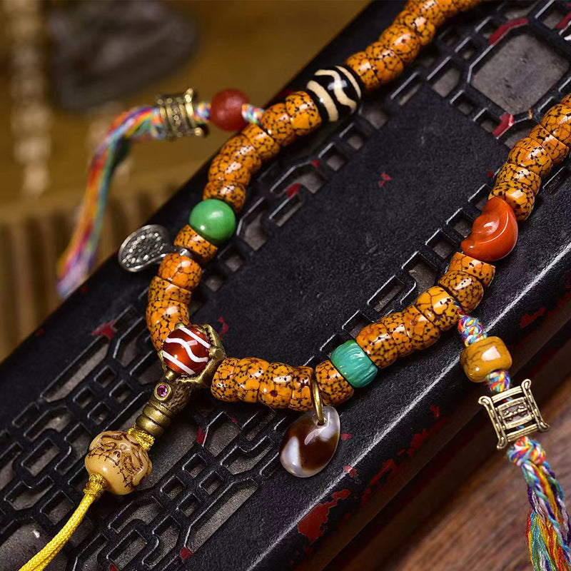 Aged Star & Moon Bodhi Seed 108-Bead Mala – Natural Cracked Jade-Like Beads with Agate Dzi Accents