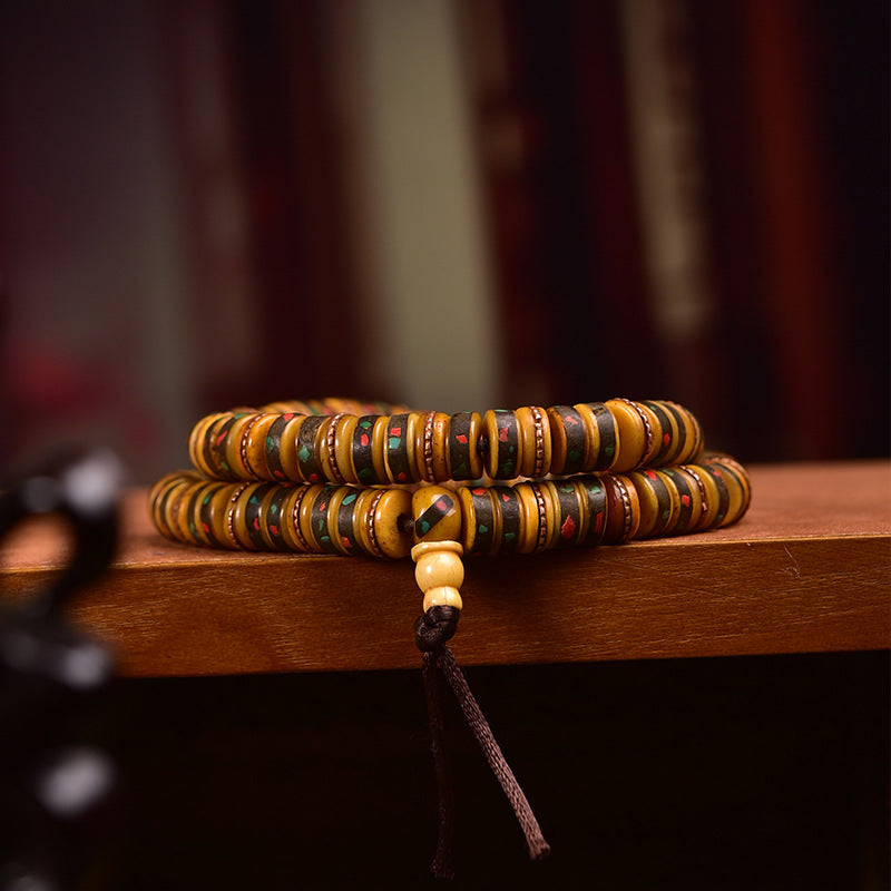 Tibetan Yak Bone 108 Bead Mala Components – Vintage Aged Beads, Inlay Accent DIY Jewelry Supplies