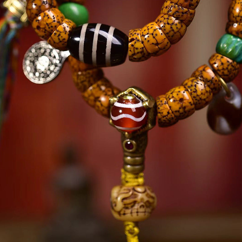 Aged Star & Moon Bodhi Seed 108-Bead Mala – Natural Cracked Jade-Like Beads with Agate Dzi Accents