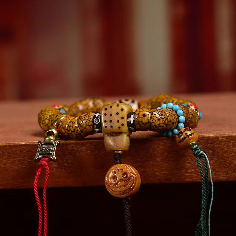 Aged Star & Moon Bodhi Seed Bracelet – Natural Hainan Seeds, Tibetan Vintage Meditation Jewelry