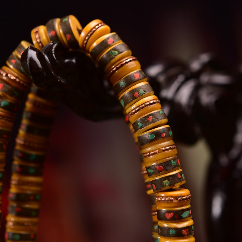 Tibetan Yak Bone 108 Bead Mala Components – Vintage Aged Beads, Inlay Accent DIY Jewelry Supplies
