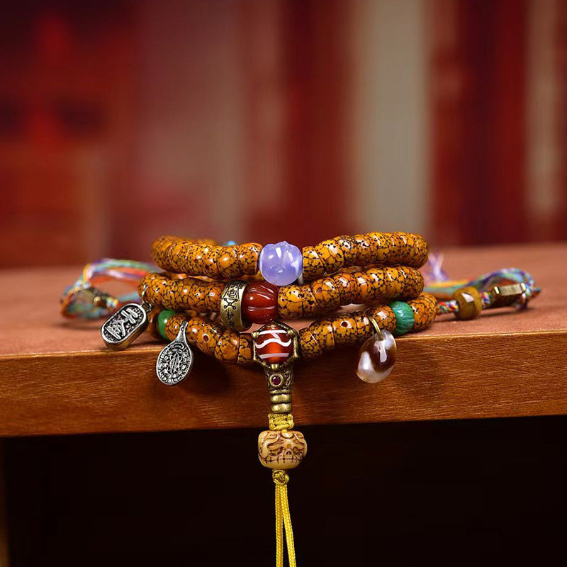 Aged Star & Moon Bodhi Seed 108-Bead Mala – Natural Cracked Jade-Like Beads with Agate Dzi Accents