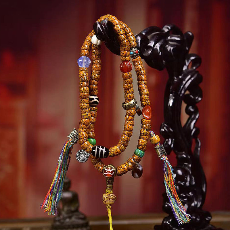 Aged Star & Moon Bodhi Seed 108-Bead Mala – Natural Cracked Jade-Like Beads with Agate Dzi Accents