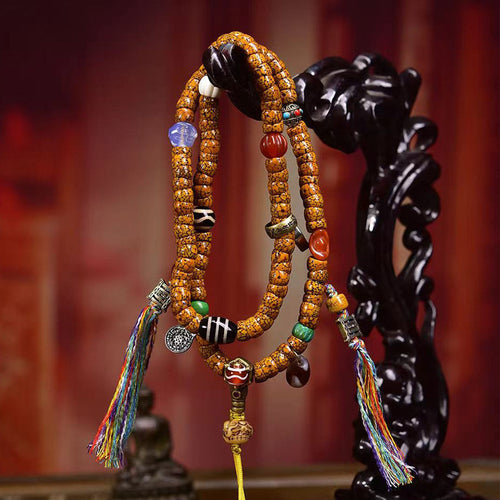 Aged Star & Moon Bodhi Seed 108-Bead Mala – Natural Cracked Jade-Like Beads with Agate Dzi Accents