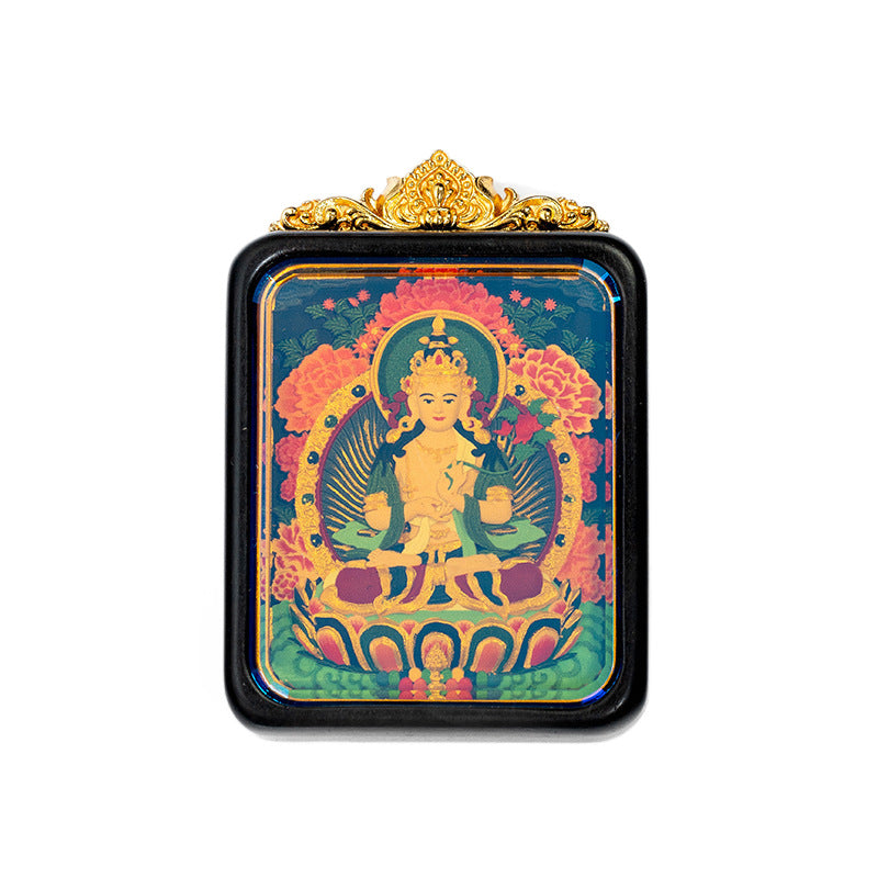 Hand-Painted Wooden Tsatsa Thangka Pendant – Tibetan Ethnic Buddhist Amulet, Yellow Jambhala & Green Tara