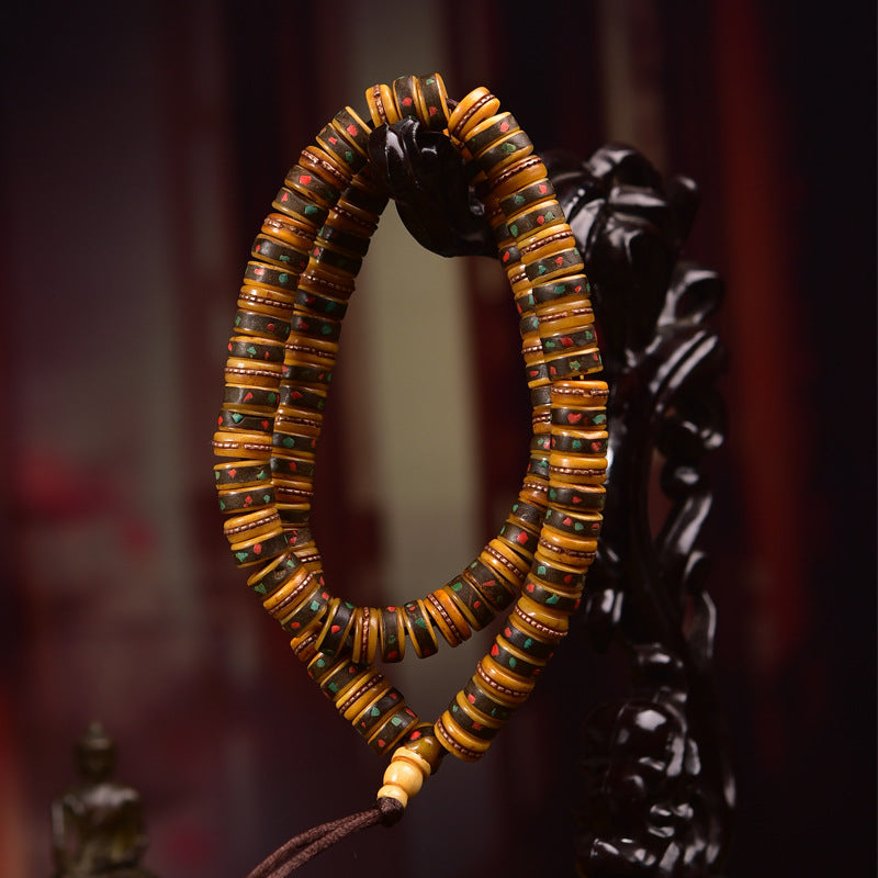 Tibetan Yak Bone 108 Bead Mala Components – Vintage Aged Beads, Inlay Accent DIY Jewelry Supplies