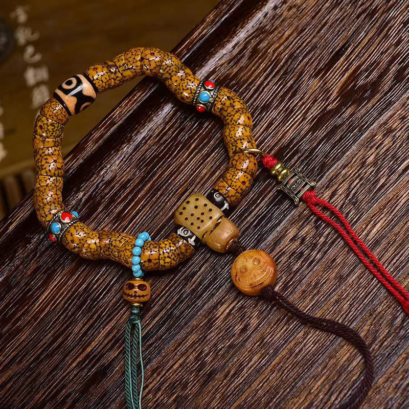 Aged Star & Moon Bodhi Seed Bracelet – Natural Hainan Seeds, Tibetan Vintage Meditation Jewelry