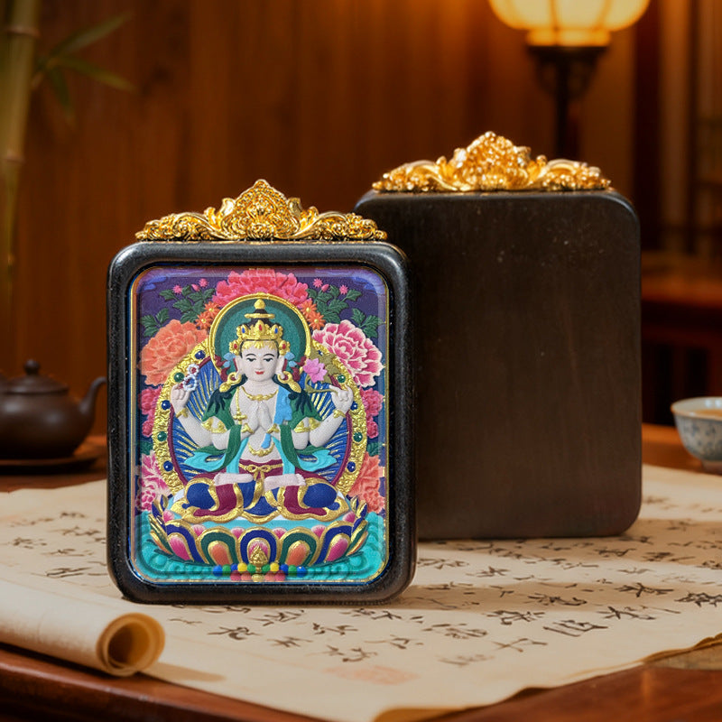 Hand-Painted Wooden Tsatsa Thangka Pendant – Tibetan Ethnic Buddhist Amulet, Yellow Jambhala & Green Tara