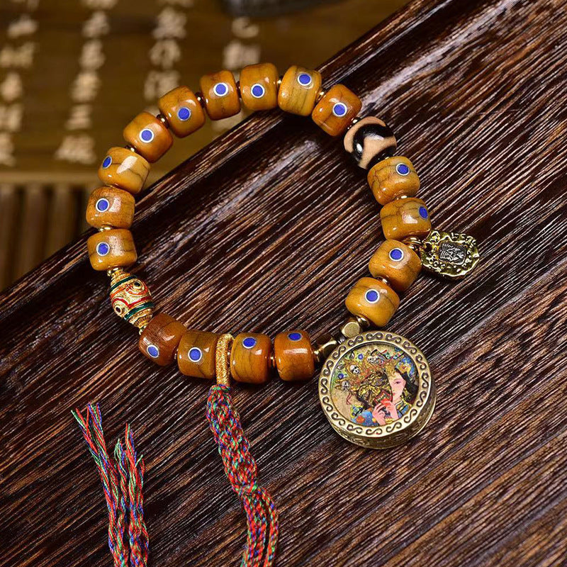 Tibetan Yak Bone Bead Bracelet with Vintage-Style Silver and Lapis Inlay