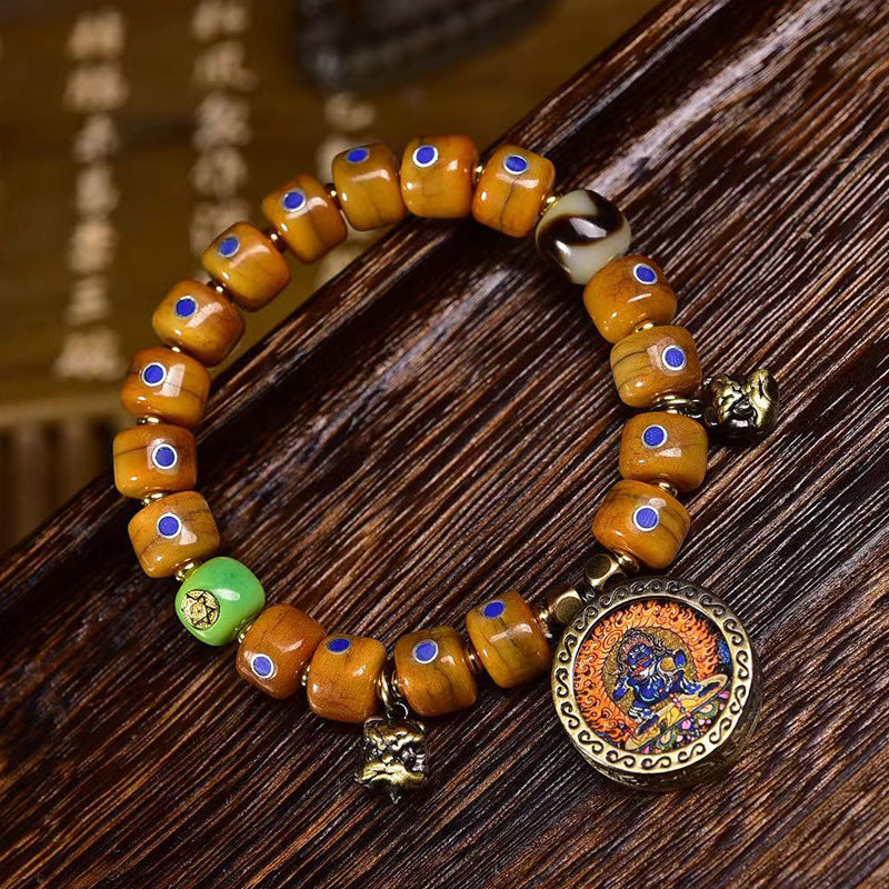 Tibetan Yak Bone Bead Bracelet with Vintage-Style Silver and Lapis Inlay