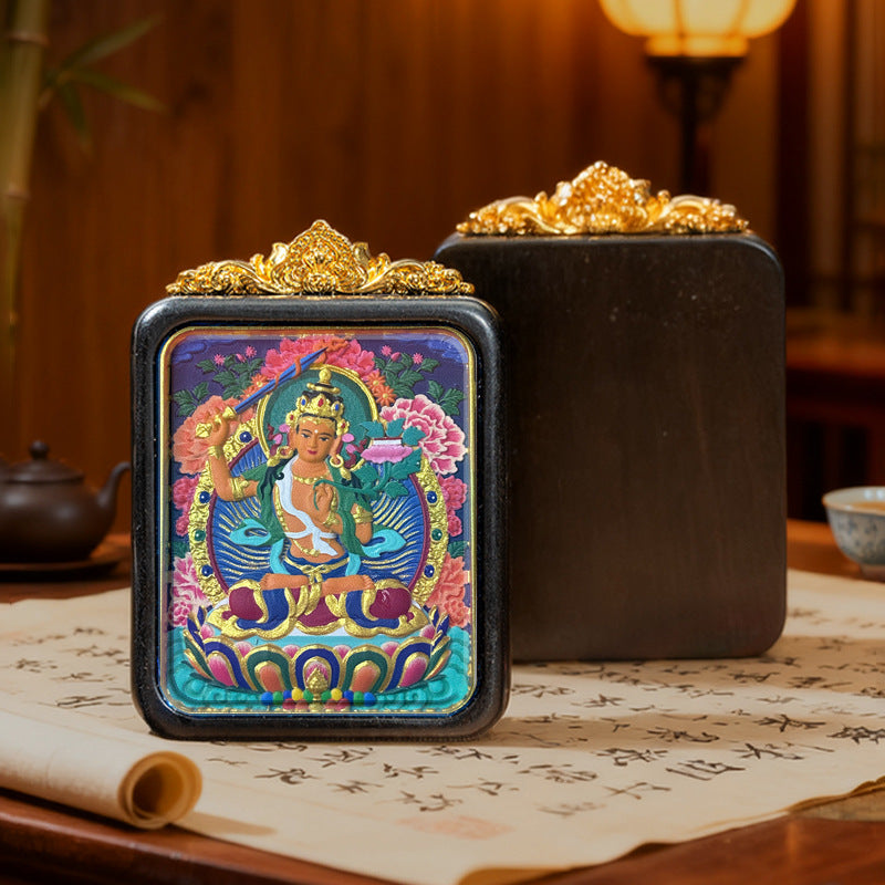 Hand-Painted Wooden Tsatsa Thangka Pendant – Tibetan Ethnic Buddhist Amulet, Yellow Jambhala & Green Tara