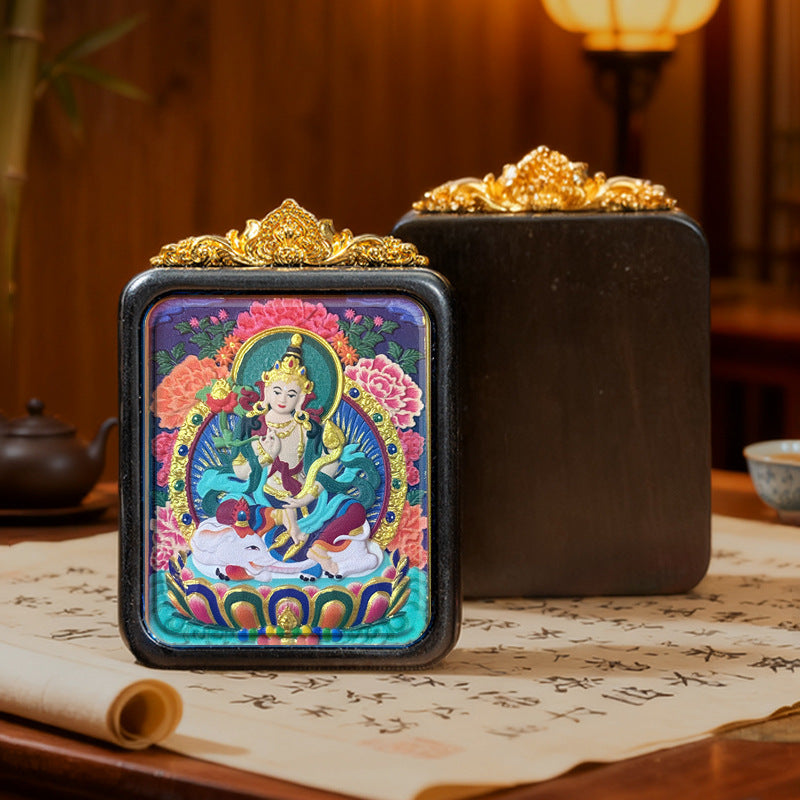 Hand-Painted Wooden Tsatsa Thangka Pendant – Tibetan Ethnic Buddhist Amulet, Yellow Jambhala & Green Tara