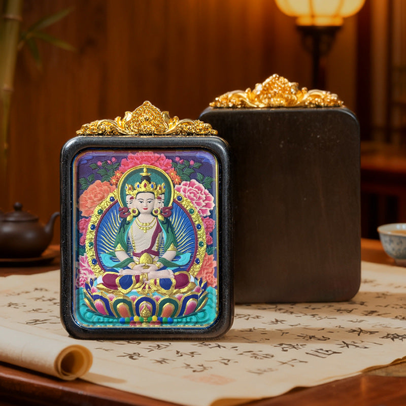 Hand-Painted Wooden Tsatsa Thangka Pendant – Tibetan Ethnic Buddhist Amulet, Yellow Jambhala & Green Tara