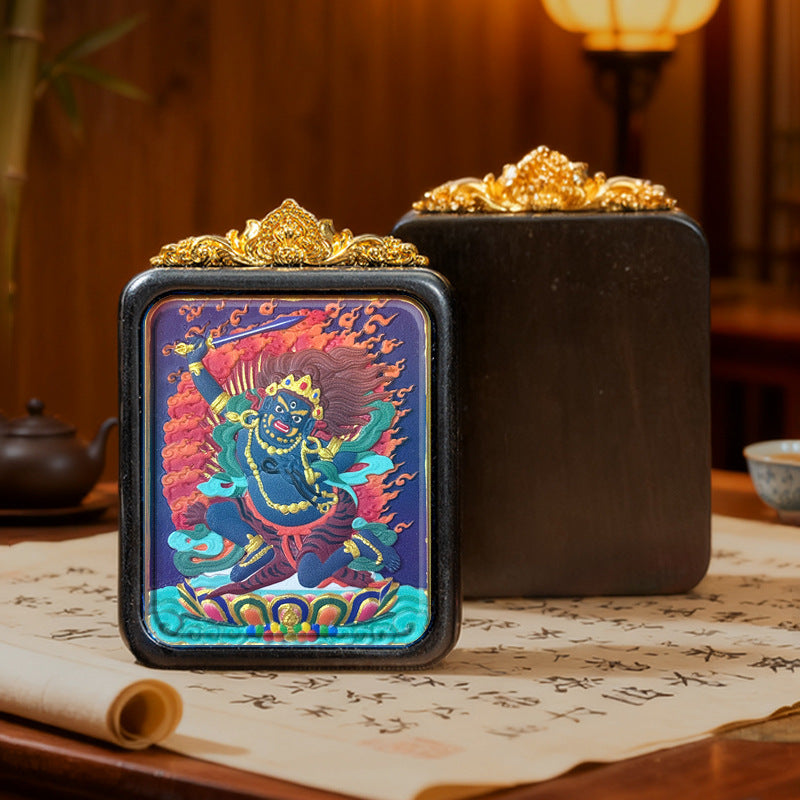 Hand-Painted Wooden Tsatsa Thangka Pendant – Tibetan Ethnic Buddhist Amulet, Yellow Jambhala & Green Tara