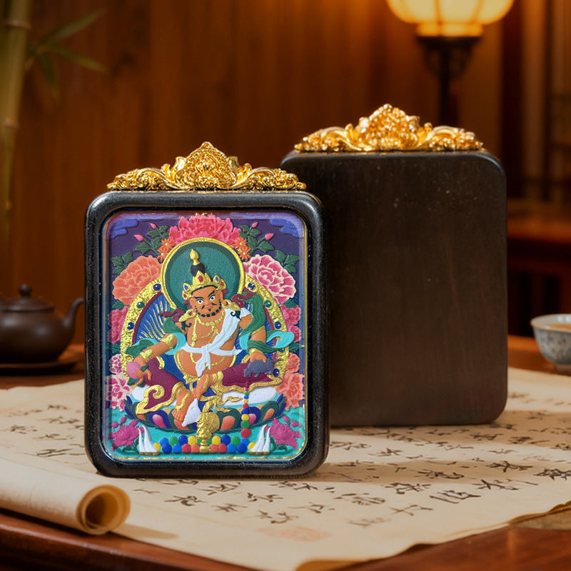 Hand-Painted Wooden Tsatsa Thangka Pendant – Tibetan Ethnic Buddhist Amulet, Yellow Jambhala & Green Tara